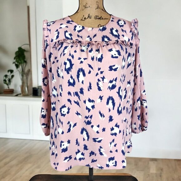 Juicy Couture Pink & Blue Cheetah Print Ruffled Loose Fit Blouse Size M - Picture 1 of 6